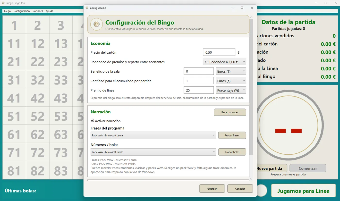 Configuración del bingo: economía y narración – Bingo Pro
