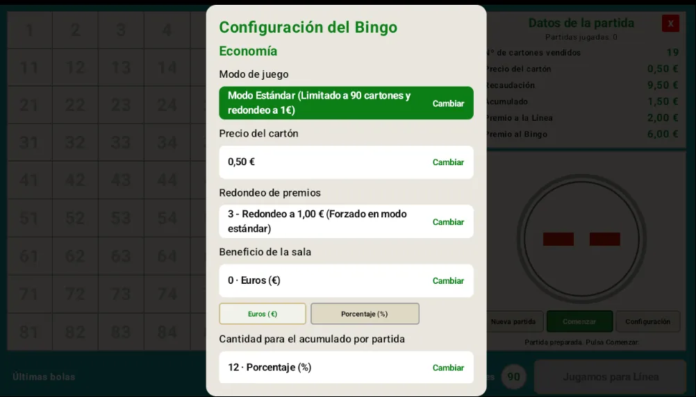 Nueva partida: introducción de cartones vendidos – Bingo Pro