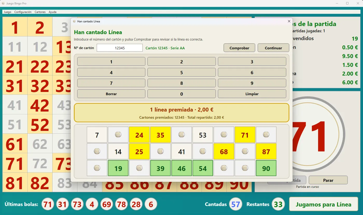 Comprobación de línea premiada – Bingo Pro