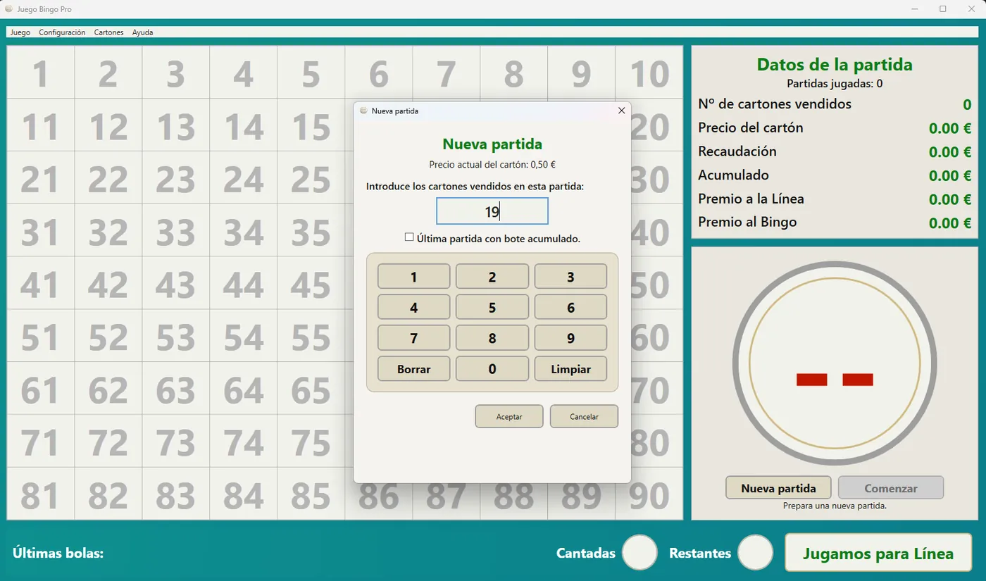 Nueva partida: introducción de cartones vendidos – Bingo Pro