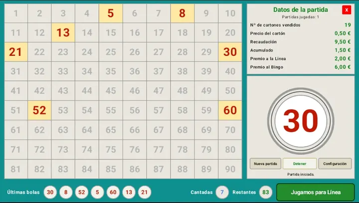 Bingo Pro – tablero de números en partida