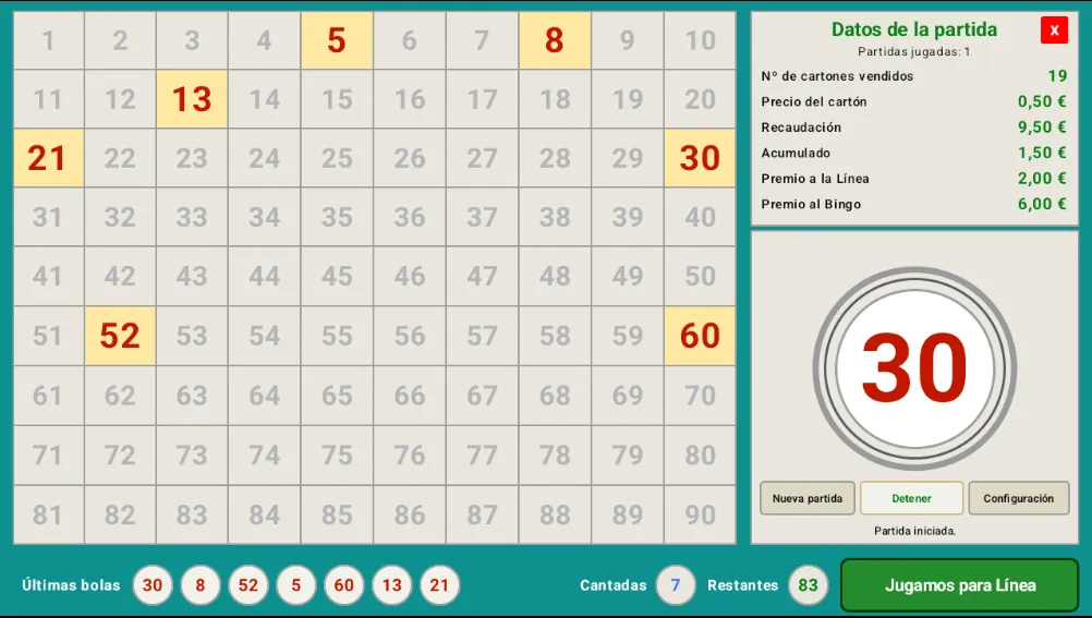 Bingo Pro – tablero de números en partida