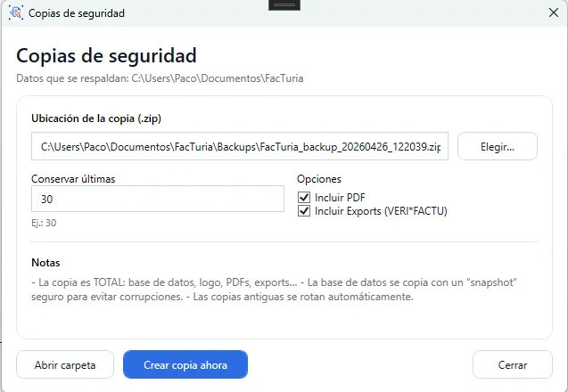 Copias de seguridad: ZIP con opciones y rotación – FacTuria
