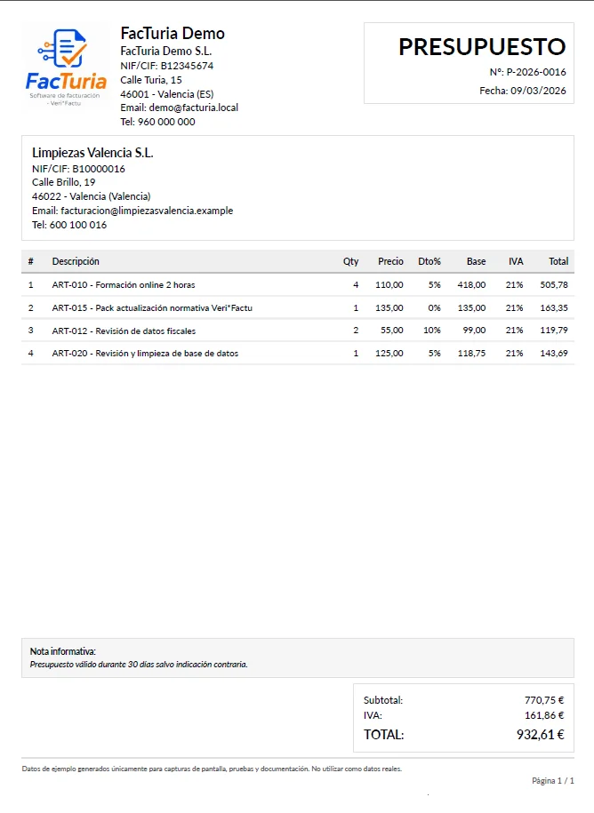 Impresión en Pdf Presupuestos y Facturas – FacTuria