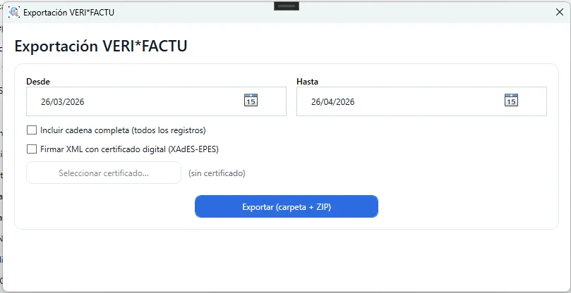 Exportación Veri*Factu: rango de fechas y cadena completa – FacTuria
